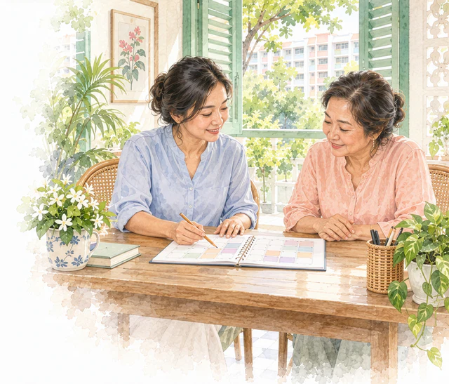 Watercolour of two women planning a schedule together at a table, a calendar open between them