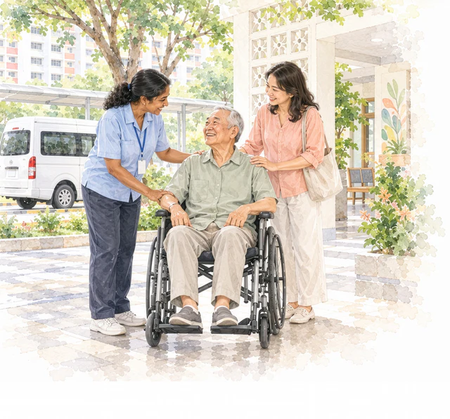 Watercolour of a smiling older man in a wheelchair with a carer and a family member, a van parked behind them