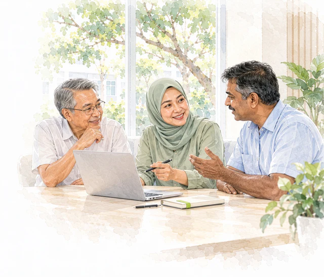 Watercolour of three colleagues talking around a laptop at a table