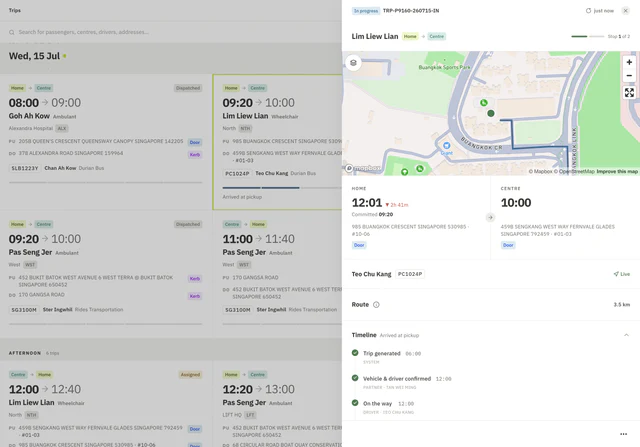 The LIFT operations portal showing an in-progress trip: a live route map with pickup and drop-off times, addresses and an event timeline